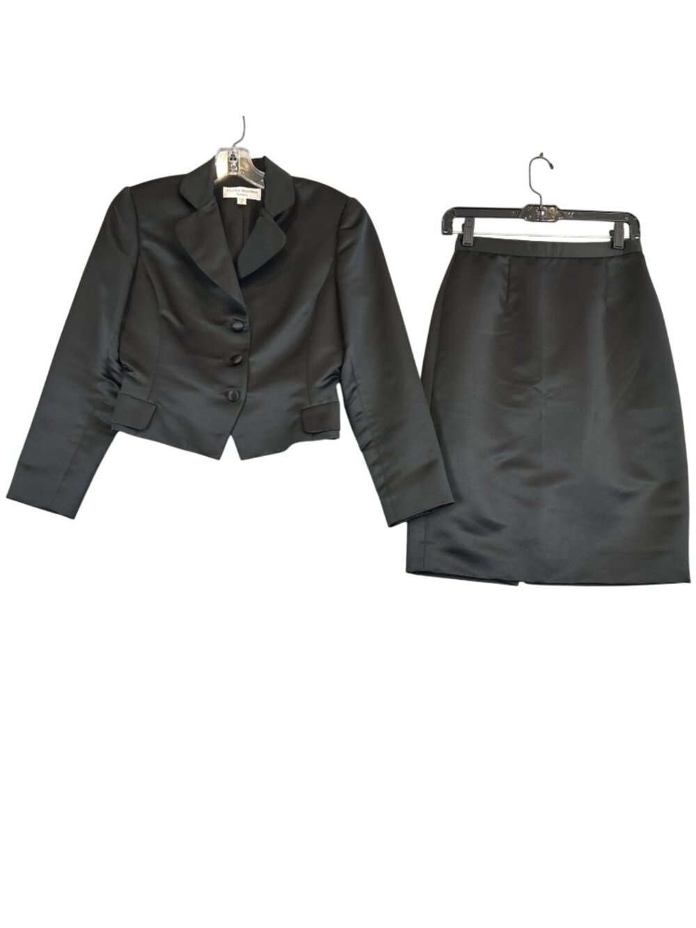 Vintage NWOT Womens 6 Skirt Suit Black Satin Cropped Jacket Pencil Skirt Classic
